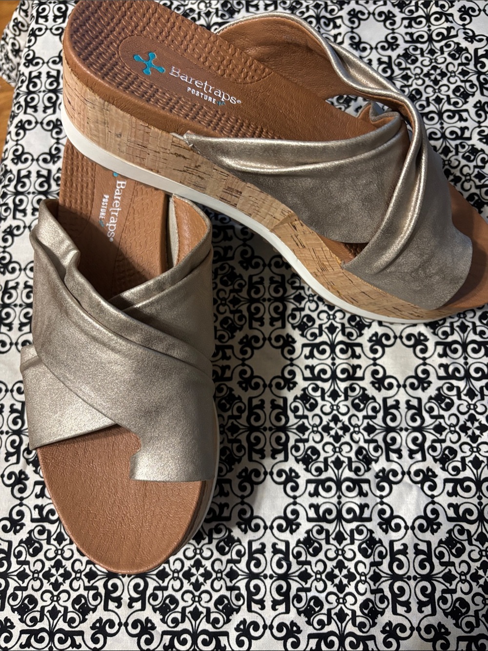 BareTraps Champagne Metallic Cork Wedge Slide Sandals